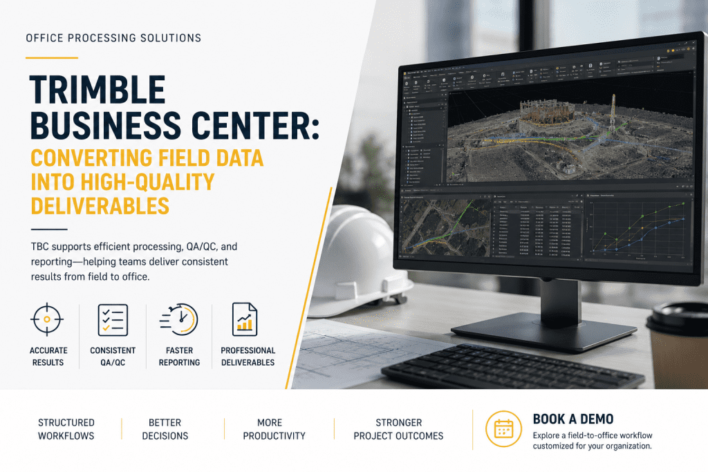 Trimble Business Center software processing GNSS, Total Station and LiDAR survey data into professional project deliverables.