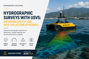 Unmanned Surface Vehicle (USV) performing a hydrographic survey for bathymetric mapping and coastal data collection.